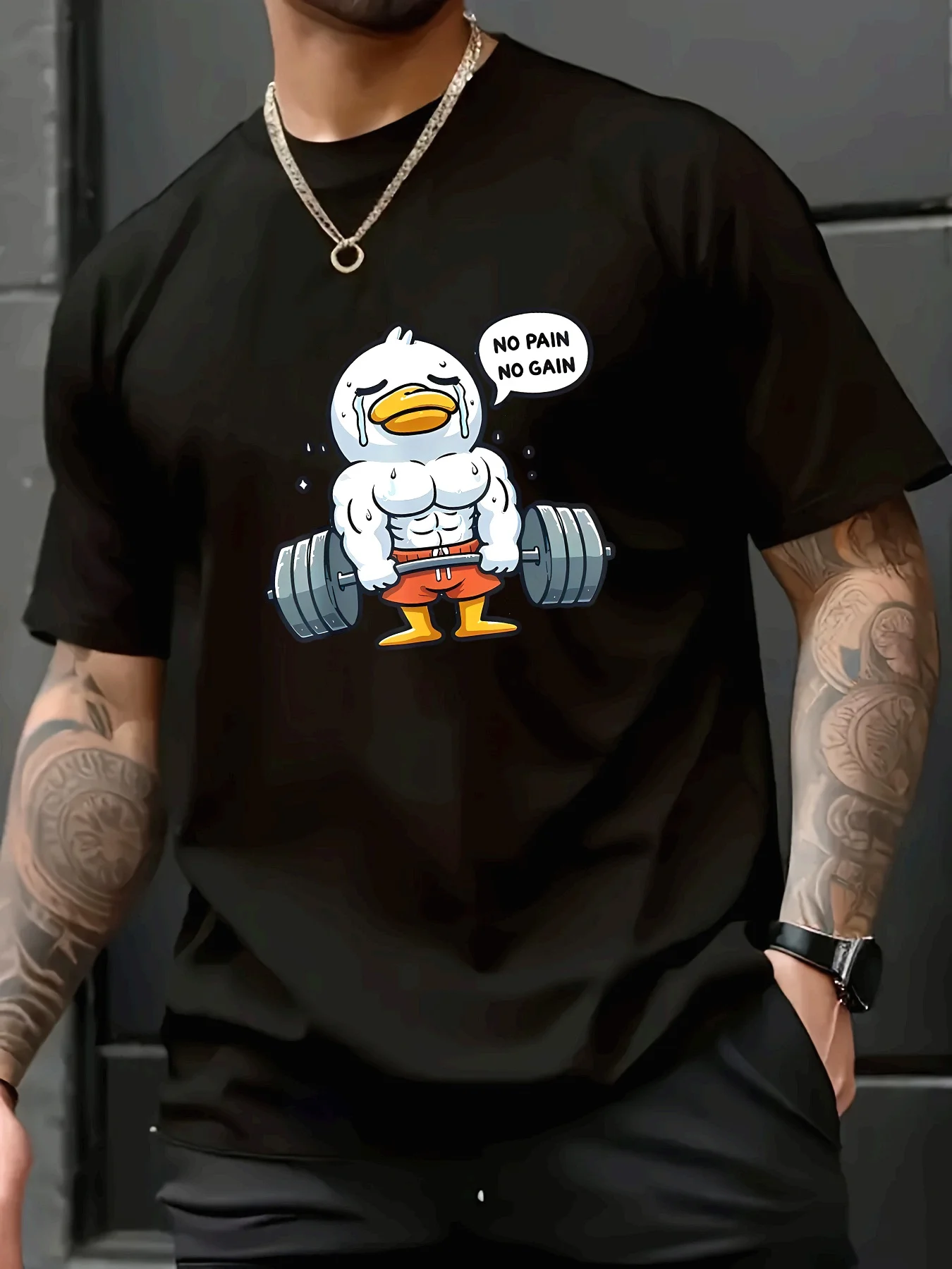 Funny Gym Duck Graphic Tee with Muscular Lifting Duck and No Pain No Gain Quote 100% Cotton Men's T-shirt Summer Casual Wear