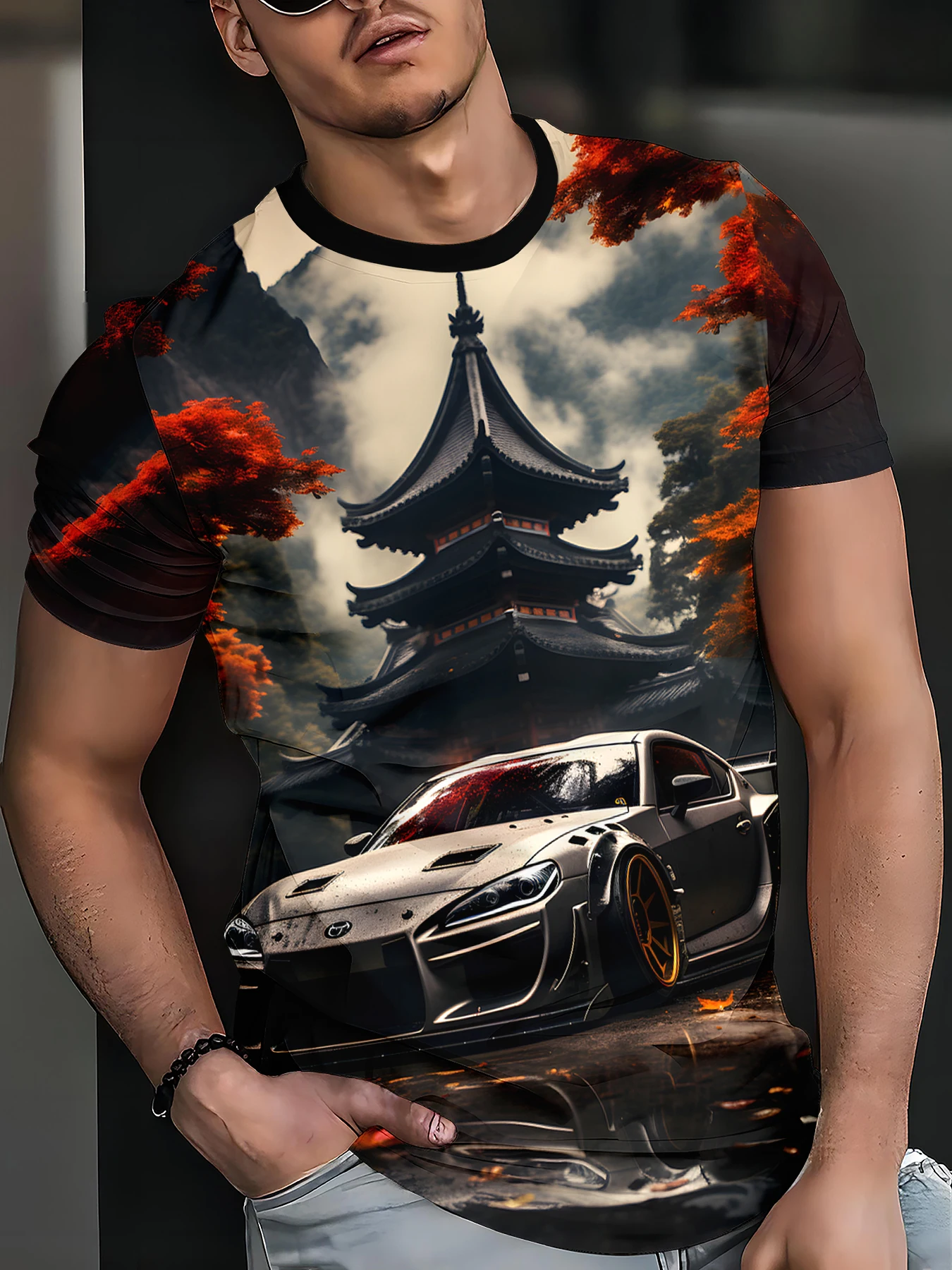 تي شيرت كاجوال مطبوع رقميًا ثلاثي الأبعاد للرجال، قميص عصري وجيد التهوية