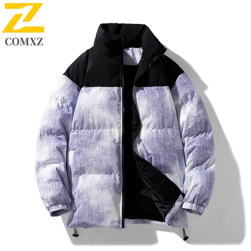 COMXZ 2025 Mens Womens Gradient Color Block Puffer Jacket Hong Kong Street Style Loose Fit Trendy Couple Casual tactics Coat