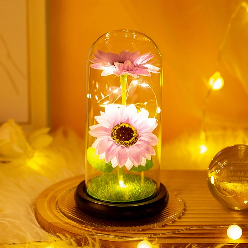 Valentine\'s Day Decoration Ornament Artificial Sunflower Tulip in Glass Dome Luminous for Home DecorWedding Mother\'s Day Gifts