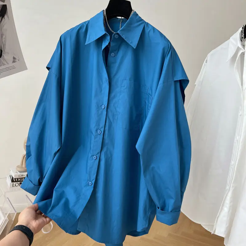 

SuperAen 2022 Spring Loose Full Turn Down Collar Casual Shirt Windbreaker-style Fake Two-piece Coat Womens Tops