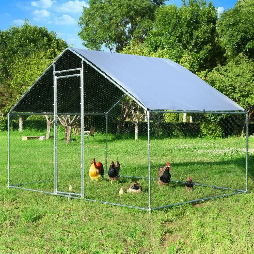 Large Walk - in Metal Chicken Coop with Run (9.84 x 6.4 x 6.56 ft), Outdoor Poultry Cage with Waterproof & Anti - UV Cover