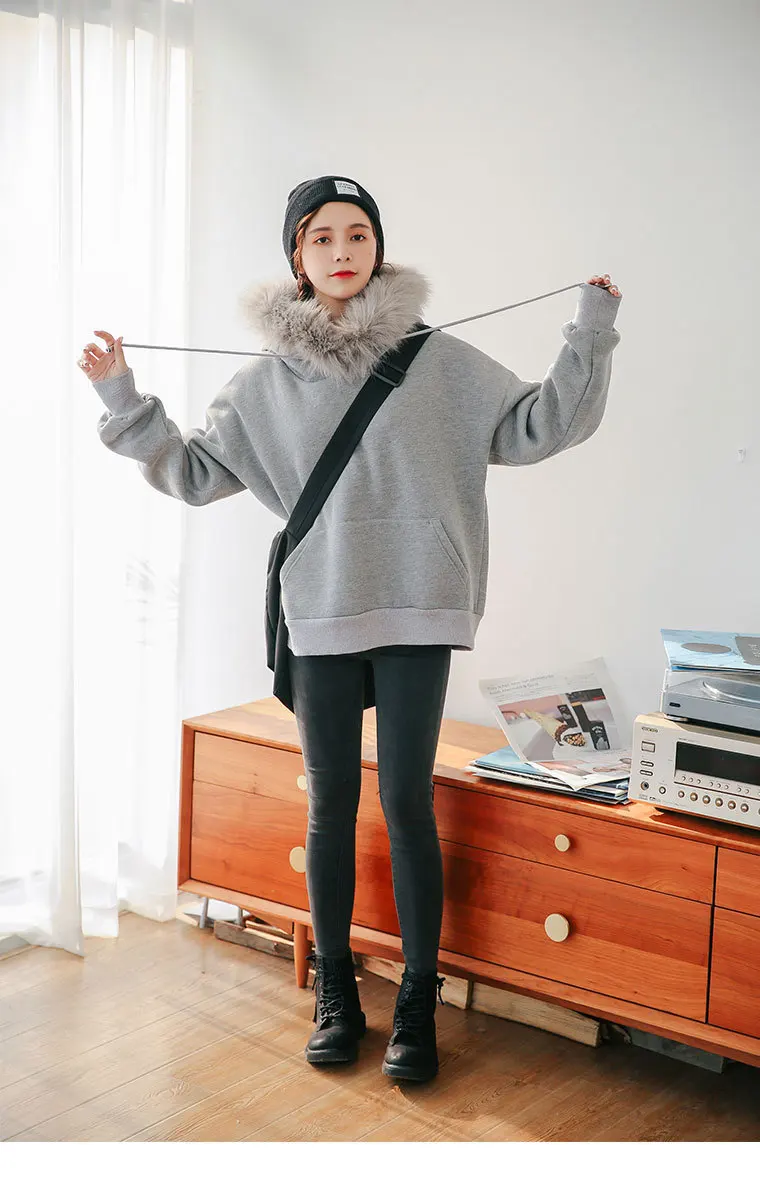 ZOUXO Hoodies Women 2022 Autumn Winter Fur Collar Thick Hoodies New Fashion Simple Grey Hooded Clothes