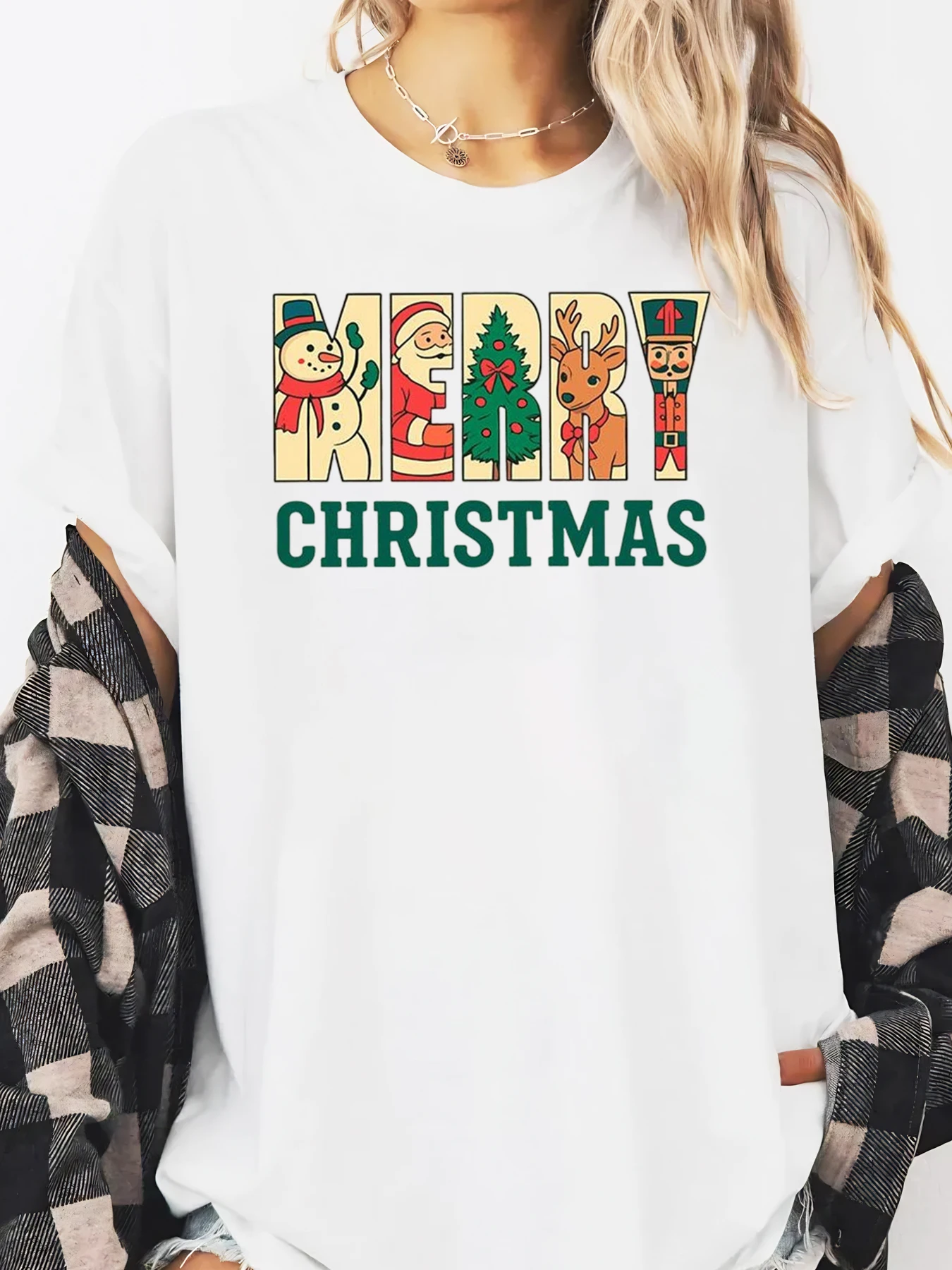 Joyeux noël personnages de dessins animés imprimer vacances à manches longues T-Shirt femmes tenue décontracté blanc grande taille