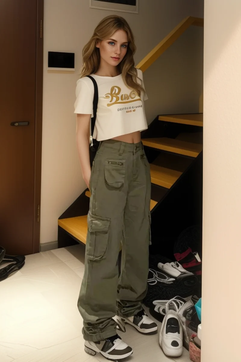 Petite girls Street wear Pocket Cargo Pants Autumn Low Rise Baggy Casual Pants Women Straight Trousers Korean Harajuku Style