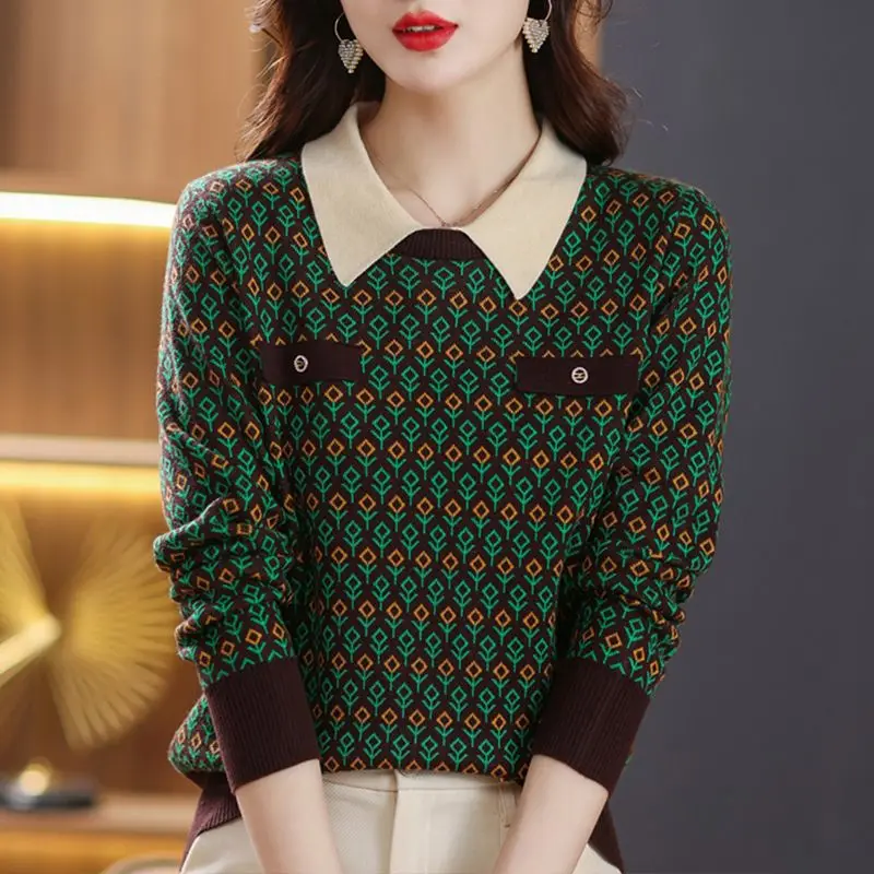 Autumn 2023 New POLO Neck Knit Age Reducing Splice Loose Pullover Long Sleeve Office Lady Leisure Comfortable Women\'s Underlay