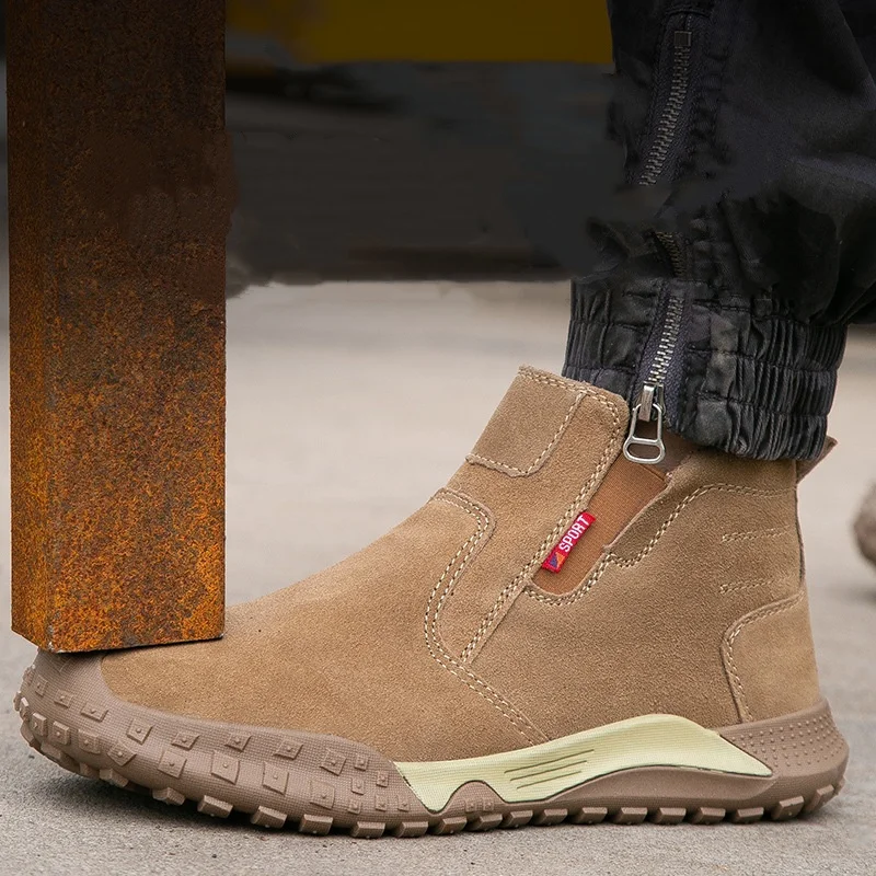 

Мужские модные пластиковые носки, рабочие ботинки, защитная обувь без шнуровки, рабочая обувь из коровьей замши, сварочные ботильоны, защитная обувь