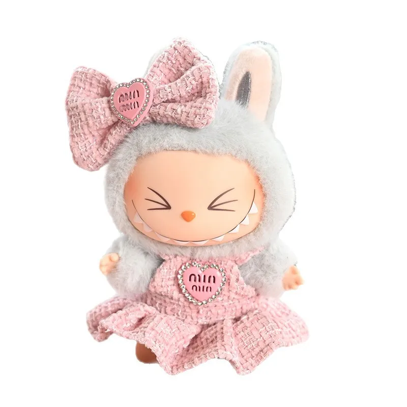 17cm Labubu 인형 럭셔리 의류 드레스 보우 머리띠 핑크 세트 v1v2v3 미니 Labubu DIY 의류 스커트 액세서리