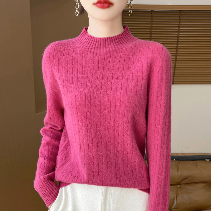 เสื้อไหมพรมผู้หญิงสไตล์คลาสสิกไร้รอยต่อ100% เสื้อสเวตเตอร์แฟชั่นสไตล์ยุโรปเสื้อถักแขนยาวสูงครึ่งคอสไตล์เสื้อยืดผู้หญิง