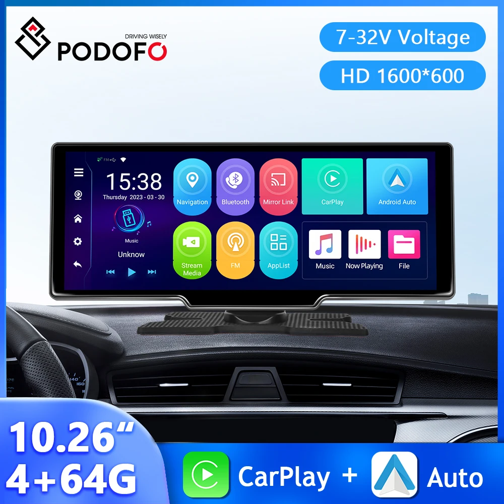 

Podofo 10.26'' Android Car Monitor Wireless Carplay Android Auto Dashboard 4+64G WIFI Rearview Camera Car DVR Support TF Card