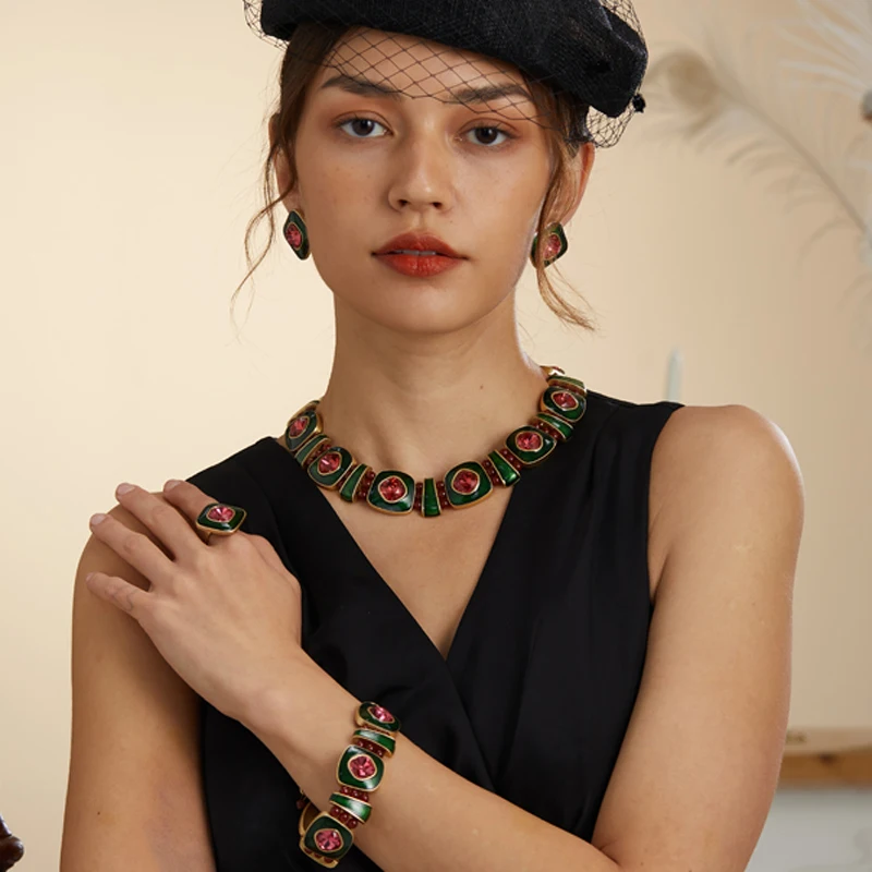 

Vintage Jewelry Sets For Women Wedding Green Enamel Earrings Stud Pink Crystal Necklace Choker Bead Luxury Trending 2025 New In