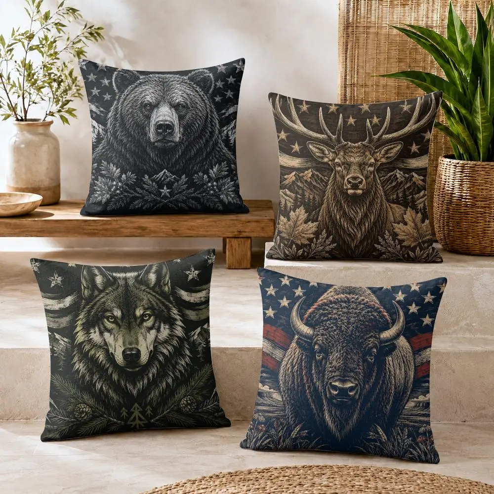Patriotic Wildlife Freedom Cushion Cover Summer Coolness Linen Organic Fabric Sofa Pillow Case Double-Sided Printing Home Decor