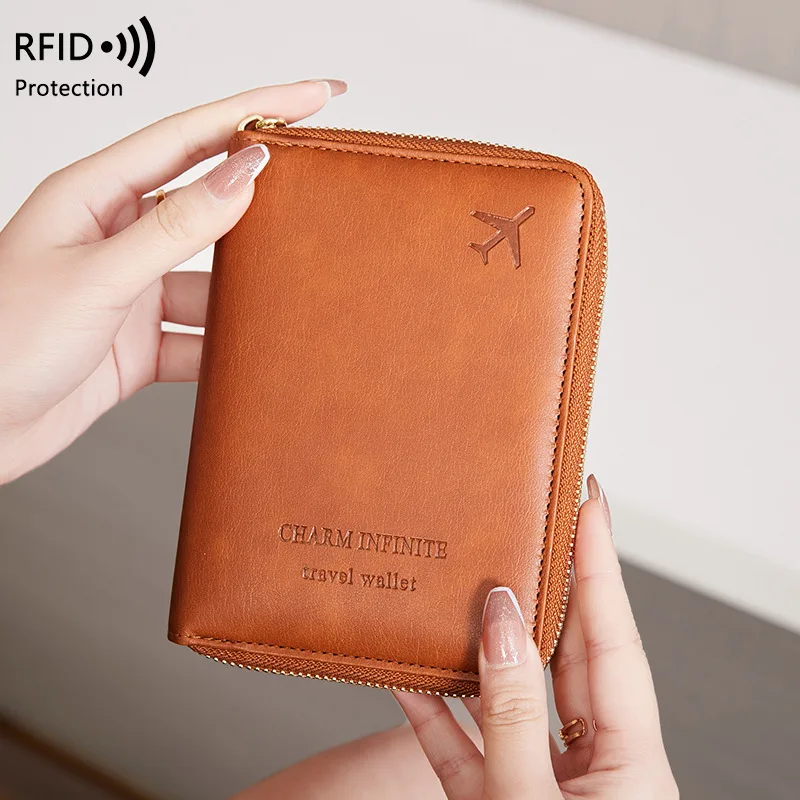 2024 new RFID short passport holder ticket organizer document bag multifunctional travel zipper passport case