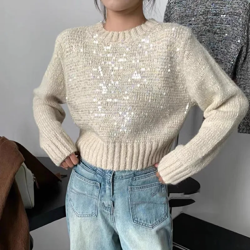 New Korean Round Neck Short Pullover Sequin Knit Sweater with a Lazy and Stylish Design Colorful Yarn Fashion Sweater