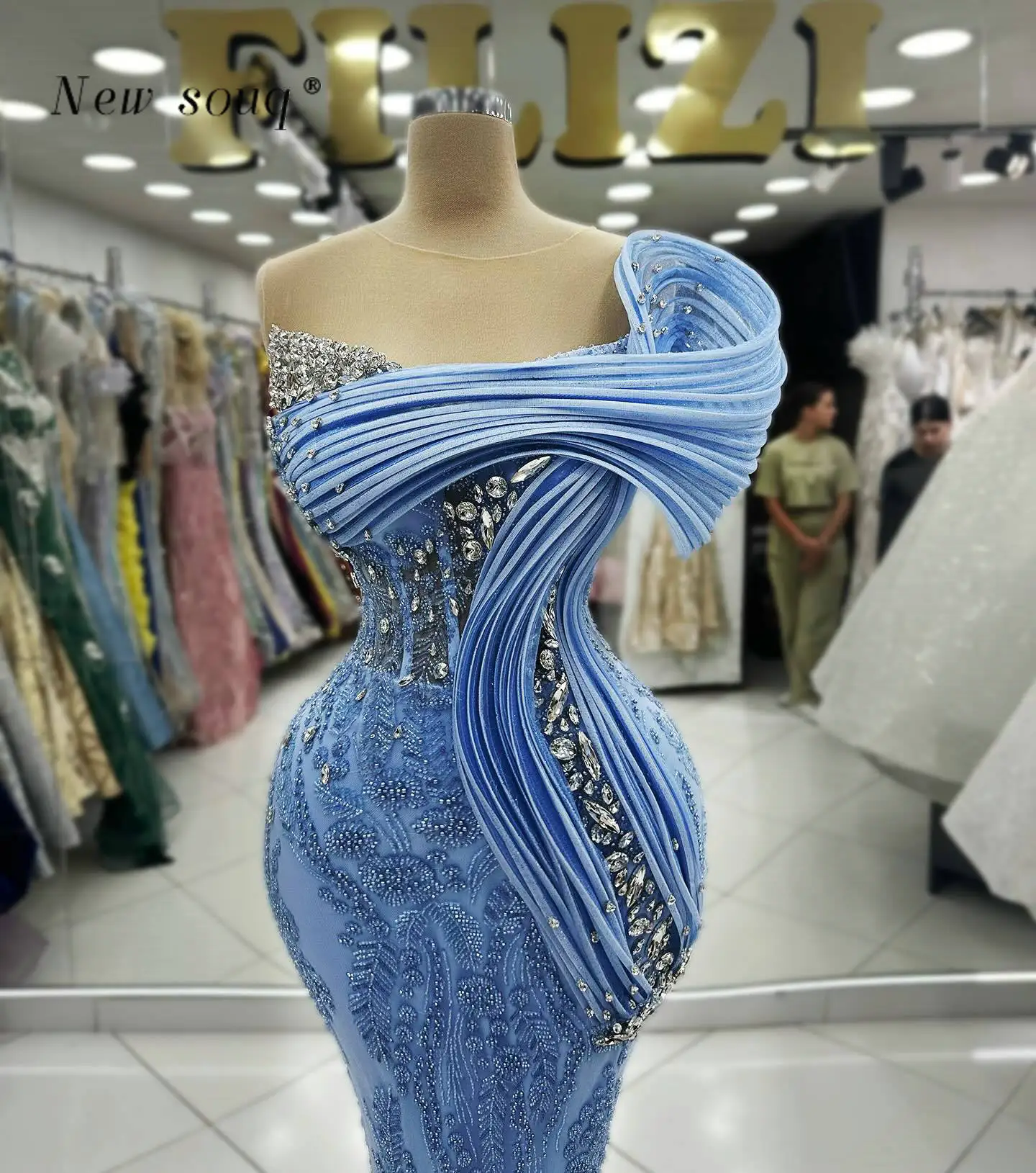 Light Blue Long Mermaid Evening Dresses Arabic Crystals Stones Modern Fashion Luxury Dubai Wedding Formal Party Gowns