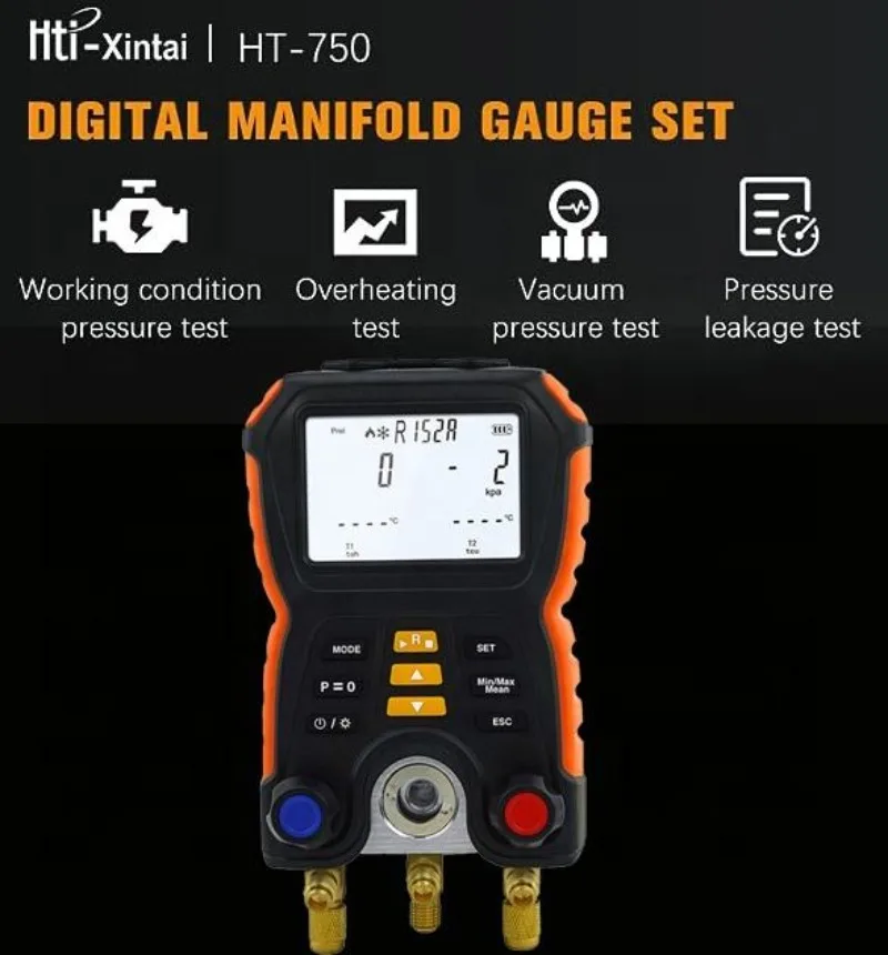 HTI New HT-750 Digital Pressure Gauge Refrigeration Vacuum Manifold Tester Refrigerant Meter