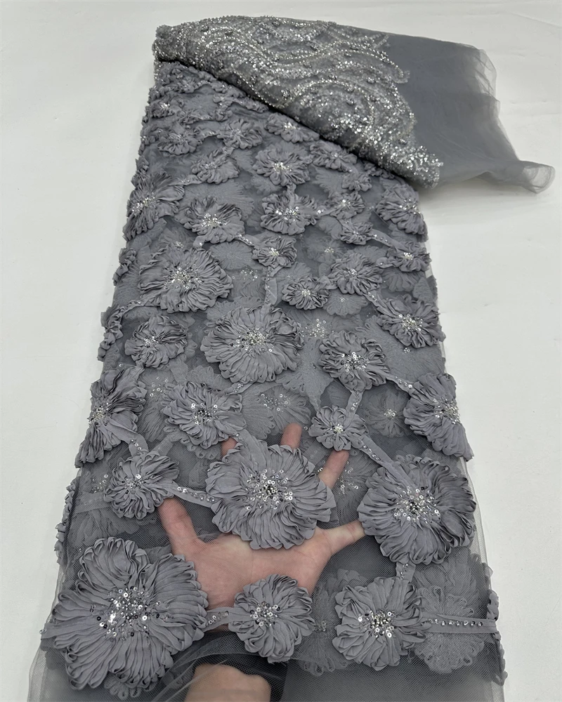 

3D цветок из бисера, французская сетка, кружевная ткань, африканская ткань, кружево, высокое качество, тюль с блестками и бисером, кружево для шитья