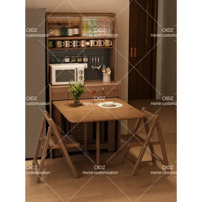 Solid Wood Folding Side Cabinet with Integrated Dining Table Wall Mounted High Storage Locker Space Saving Furniture for