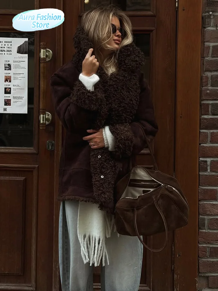 

Women's Dark Brown Shearling Jacket Large Collar Loose Outerwears 2025 New Autumn Fashion Street Coffee Break Short Lady Tops