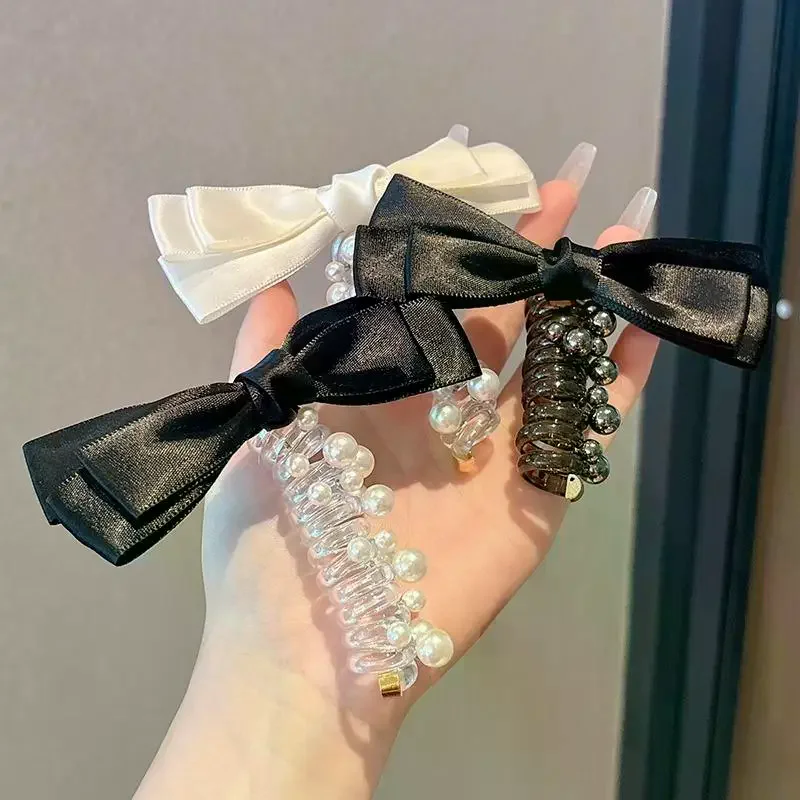 탄성 있는 우아한 나비 매듭 머리끈 포니테일 홀더 액세서리 땋은 전화선 머리끈 진주 나선형 머리끈 여성용