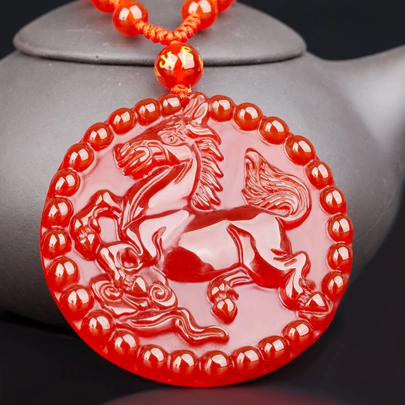 

Round Agate Pendant Horse Amulet Lucky Bless Mascot Red Chalcedony Chinese Zodiac Bead Hanging Talisman