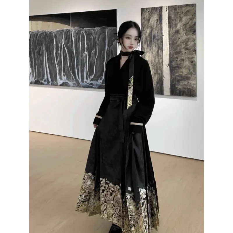طقم هانفو للنساء ، فستان وجه الحصان ، قميص منقوش مطبوع ، ملابس يومية تقليدية عتيقة ، طراز صيني ، موضة جديدة ، الخريف ، صيحات الموضة
