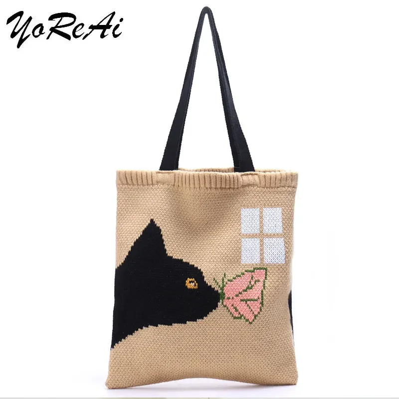 YoReAi-Bolso de mano con diseño de gato besando para mujer, bolsa suave japonesa para compras, invierno, otoño