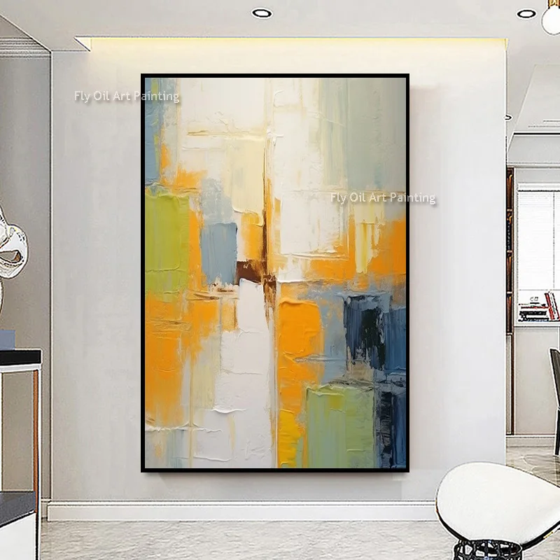 Bright Warm Tone Abstract Canvas Art Hand Painted Sculptural Thick Oil Painting Nordic Apartment Entrance Decor