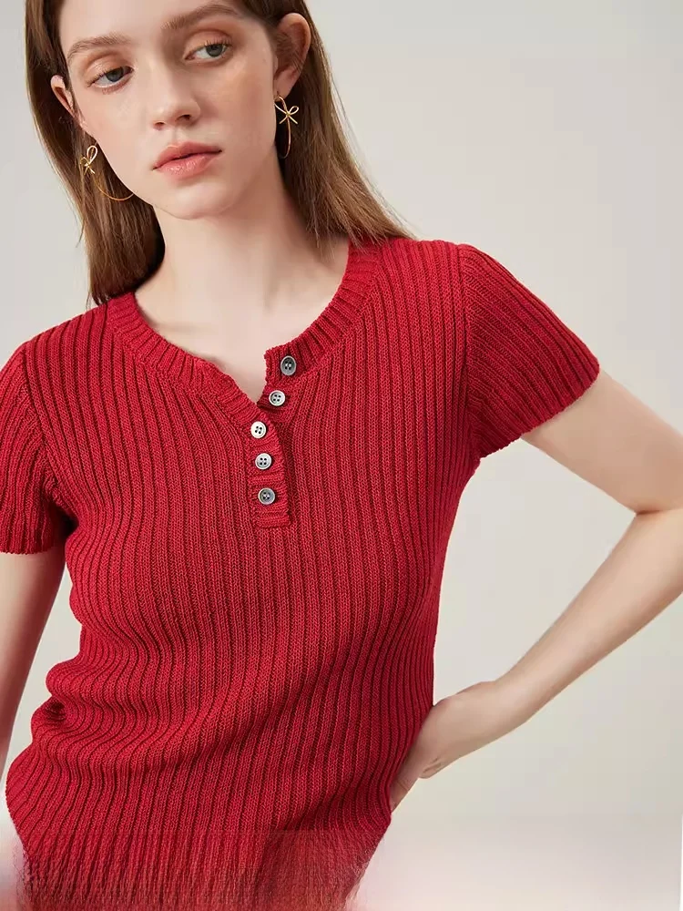 

Fansi Lanen Women's Red Short Sleeve Knitted Top Lightweight Breathable Summer New Style Outerwear Base Layer Shirt
