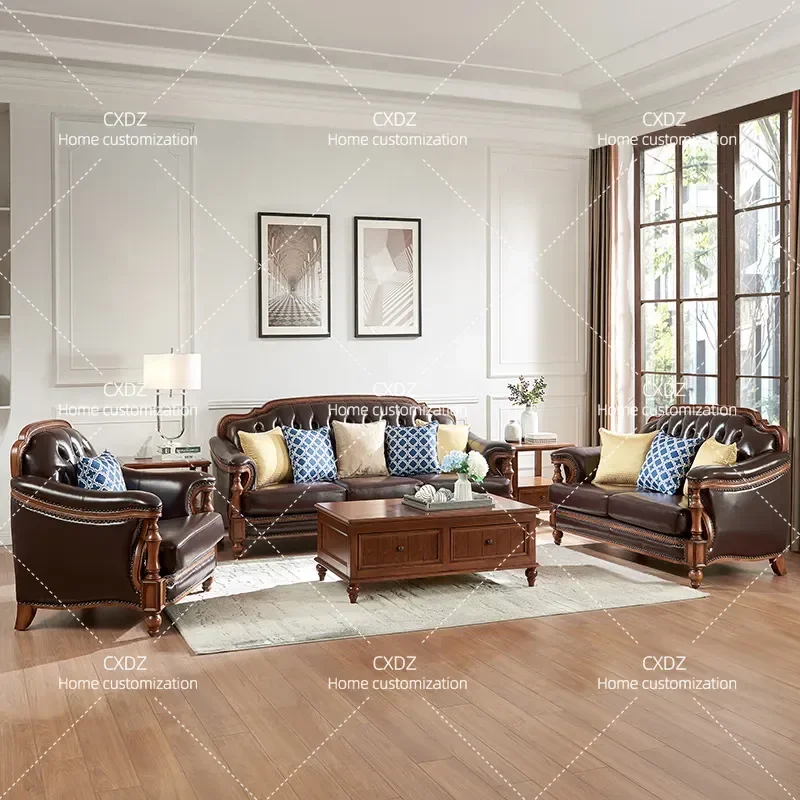 American Solid Wood Leather Sofa Set Modern Simple European Style 3 4 Seater Corner Couch Light Luxury Living Room Furniture