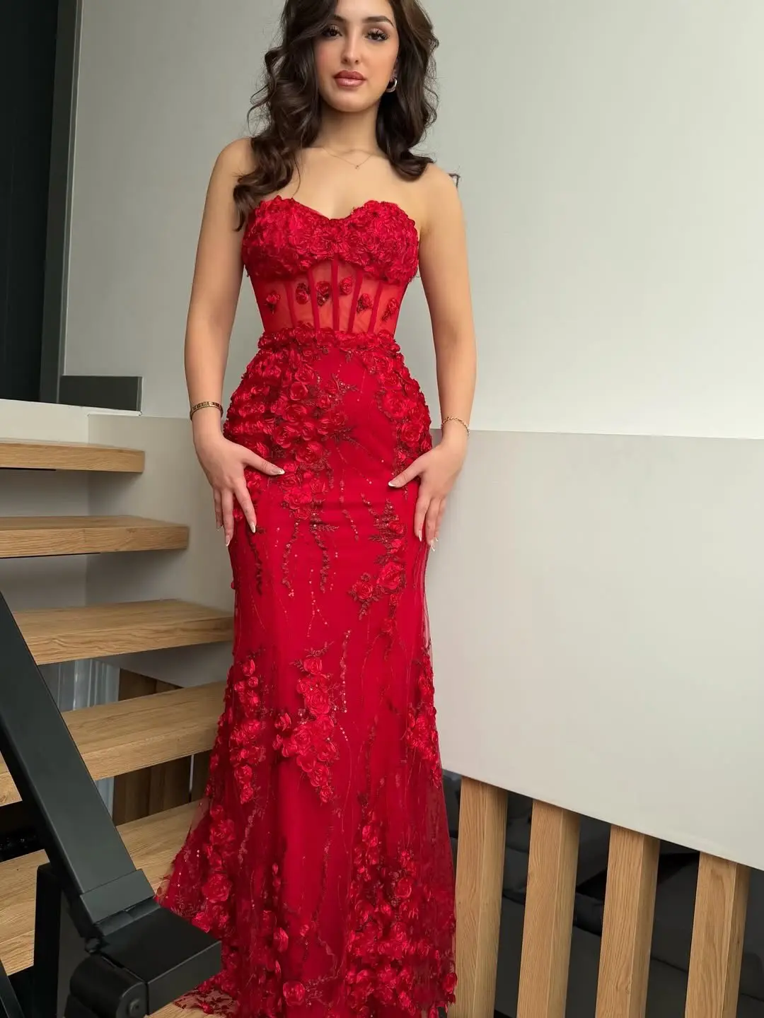 

Sexy Red Strapless 3D Rose Embellished Sheer Panel Mesh Sequins Bodycon Floor Length Mermaid Evening Prom Formal Party Dress