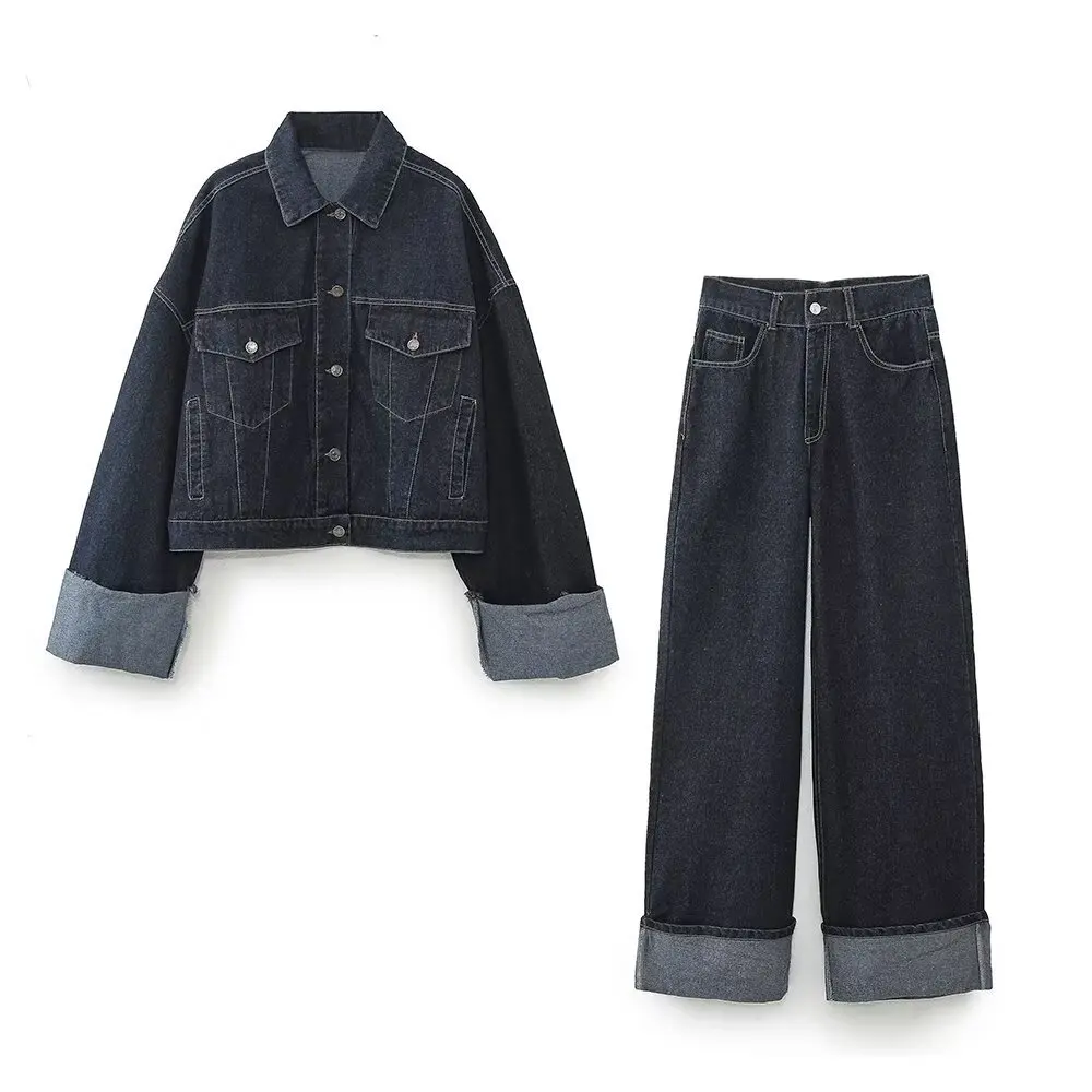 

New autumn women's European and American style fashionable lapel loose single-breasted cuff curly denim jacket jacket