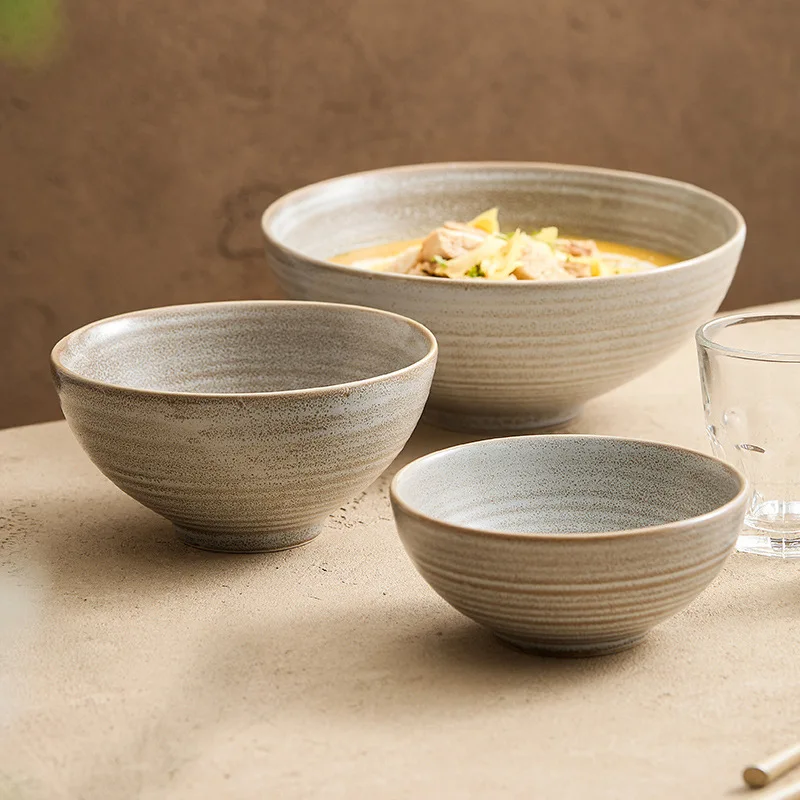 Versatile Kiln-Change Threaded Ceramic Bowl - Tea-Colored Rice/Soup/Noodle/Salad Bowl (Japanese Hat Style, Large)