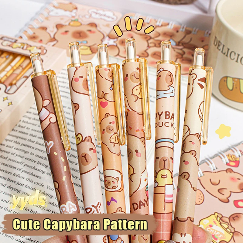 6Pcs Cute Capybara Pressing Gel Pens Kawaii Black Ink Pen Set School Supplies Cartoon Capybara Neutral Pen Aesthetic Stationery