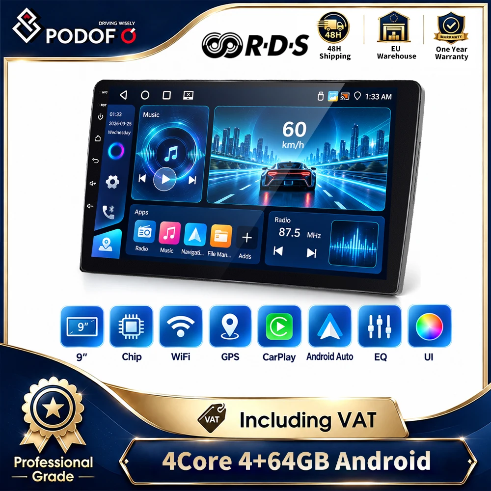 Autoradio Android Podofo con schermo touchscreen IPS HD da 9 pollici, risoluzione 1080P, 4 GB di RAM e 64 GB di memoria, navigazione GPS, WiFi, Bluetooth, radio FM, lettore musicale USB, CarPlay