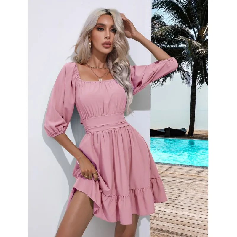 

Fashion Women Solid Puff Sleeve A Line Square Neck Skirt Dress Stylish Pleated Belt Mini Dress Casual Elegant Sweetheart Dresses