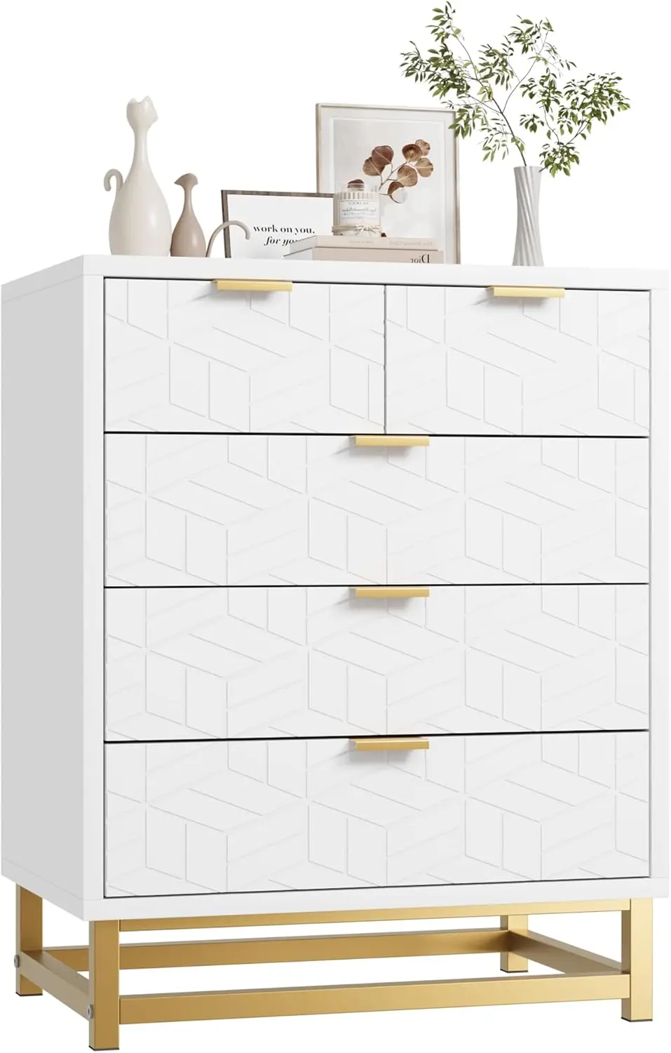 IDEALHOUSE White Dresser for Bedroom, 5 Drawer Dresser with Metal Legs, Modern Dresser Chest Organizer with Wide Storage, Chest