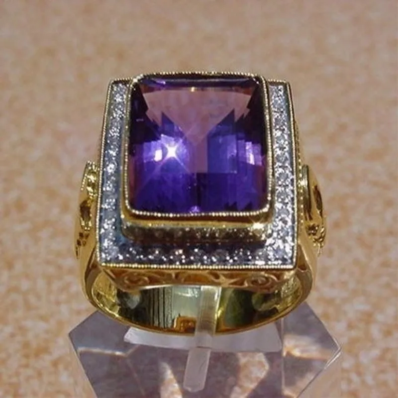 Business Men's Fashion Luxury Square Purple Zircon Ring Wedding Engagement Party Jewelry Gift