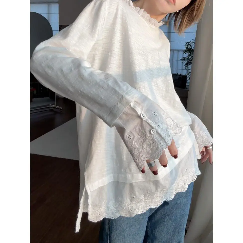 

Lace Crew Neck Long-sleeved Shirt Women's Autumn New Lazy Casual Medium and Long Loose Top