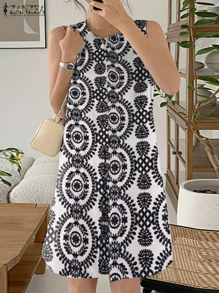

ZANZEA 2024 Vintage O Neck Pockets Robes Summer Sleeveless Sundress Women Floral Print Knee Dresses Casual Loose Tank Vestidos