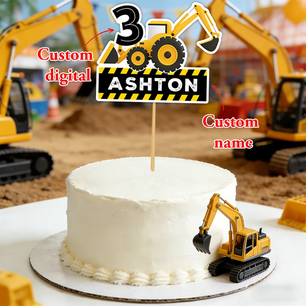 1pcs personalized excavator bulldozer design cake topper custom name and age construction vehicle themed birthday party decor