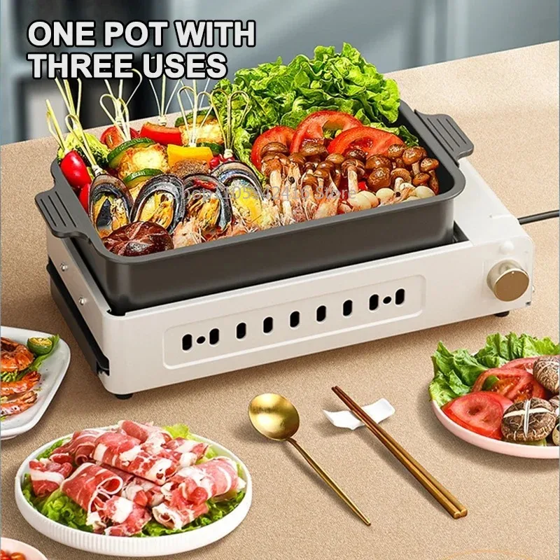 2200W Multifunction 3-in-1 Grill Pan, Household Smokeless Electric BBQ Machine with Separable Hot Pot for HomeCookingandBarbecue