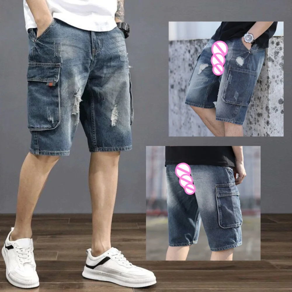 

Invisible Open Crotch Outdoor Sex Multi Pocket Denim Shorts Men's Short Loose Five Points Jeans Military Cargo Pants Breeches