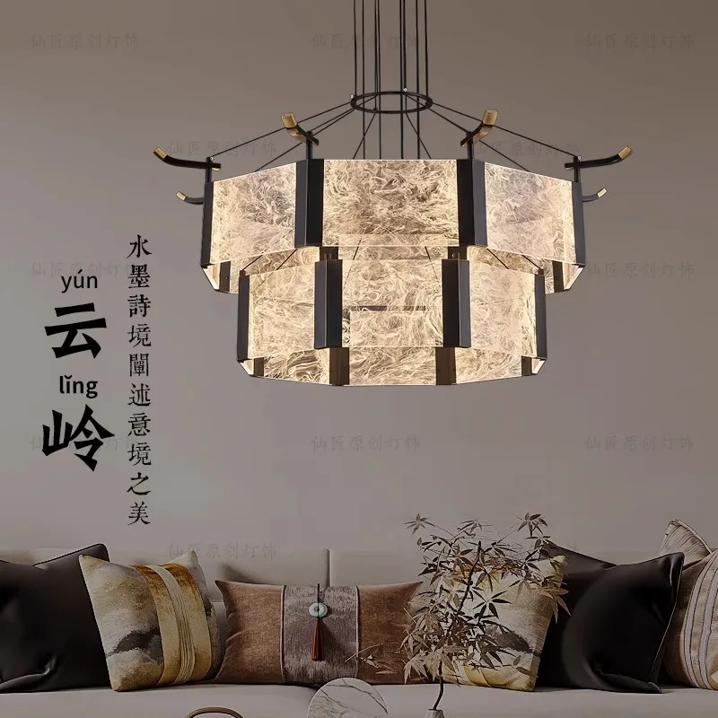 

New Chinese-style all-copper living room chandelier modern simple Chinese style Zen restaurant box villa designer lamp