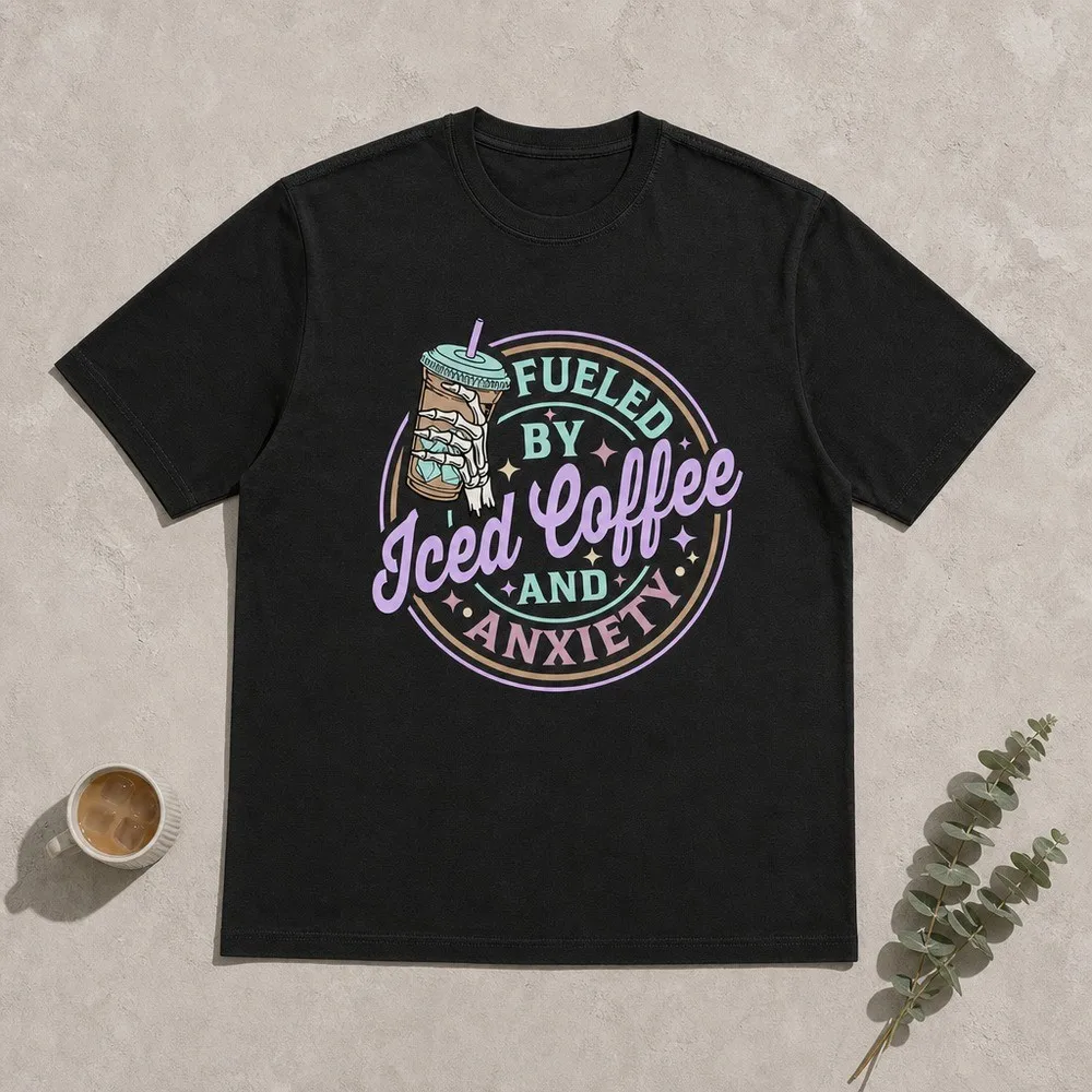 Fueled By Iced Coffee And Anxiety Shirt, Iced Coffee Mama T-shirt, Anxiety Mom Graphic Printed Tee, Viral Unisex Soft Fabric Short Sleeve Tee Shirt For Mom, Mother's Day Gifts, Women's Tops, Womenswear, Fabric Relaxed Fit Chic Style