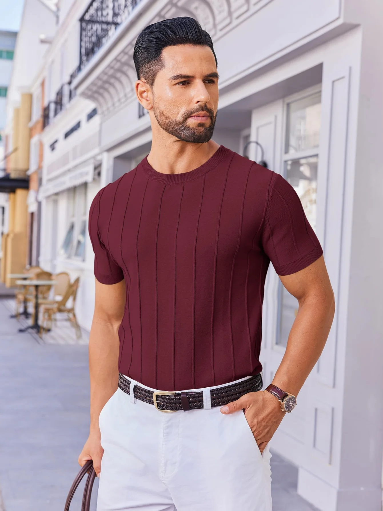 Summer New Minimalist Style Solid-Color Round-Neck Knitted T-Shirt for Men, Short Sleeve, Lightweight Base Layer Shirt, Trendy I