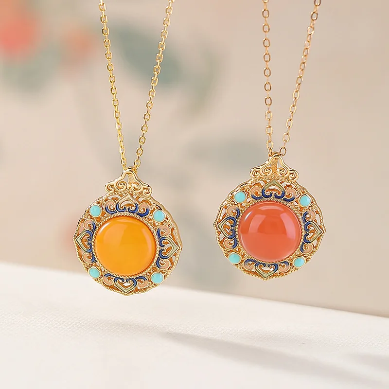 

S925 Sterling Gold Plated Natural Red Amber Pendant Enamel Ruyi Round Silver Hanging Ornament