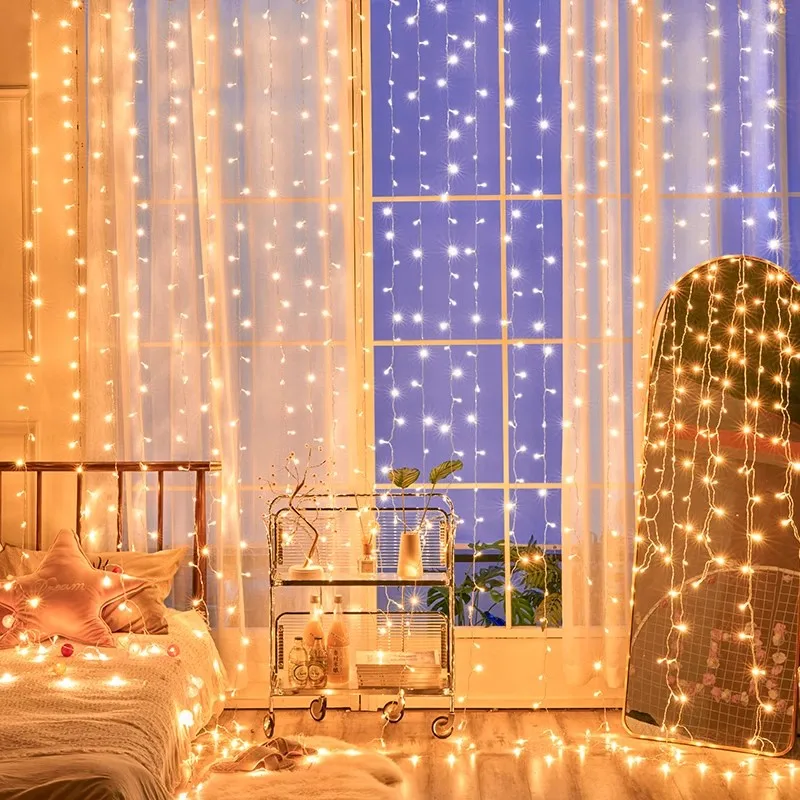 LED Christmas Curtain String Lights, Outdoor, Janela, Pendurado na parede, Luz para o quarto, Festa, Pano de fundo, Decoração do casamento, 6x3m, 3x3m