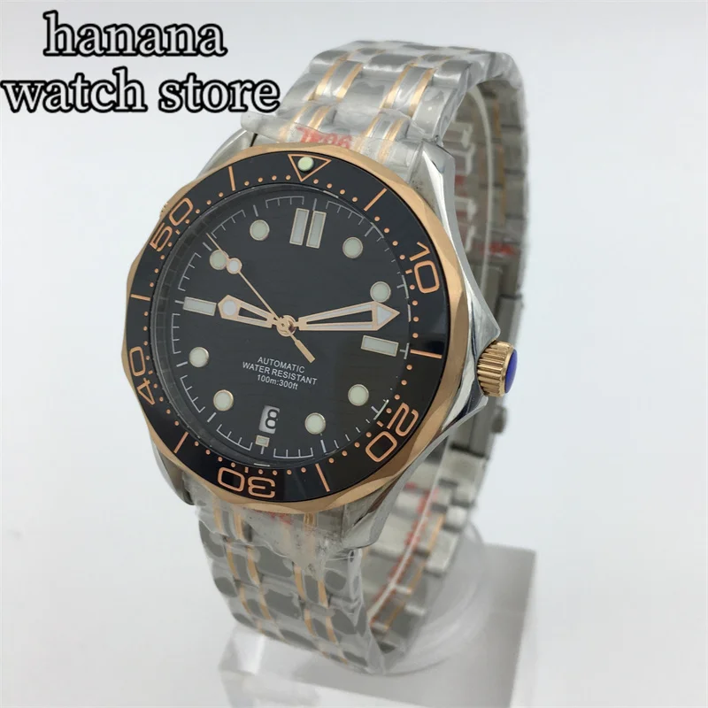 Bliger 41Mm Herenhorloge Nh35 Automatische Roségouden Wijzerplaat Keramische Bezel Lichtgevend Waterdicht 6 O 'Klok Positie Datumvenster Monteur