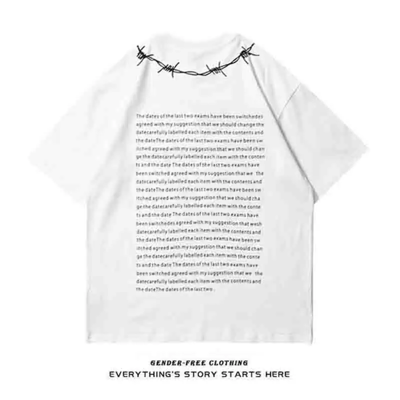 Summer Cotton Thorns Embroidery Letter Short Sleeve O Neck Men T Shirts Loose Hip Hop Punk 2xl Oversized Streetwear Black White